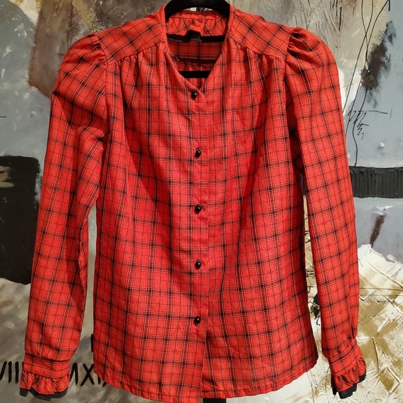 VINTAGE Willowridge High Ruffle High Neck Secretary Blouse Size 8 Red & Black - Picture 7 of 8